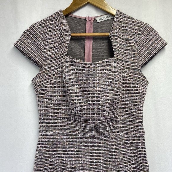 GRACE KARIN Cap Sleeve Queen Neck Tweed Body-con Pencil Dress Women Small Pink - Picture 9 of 16